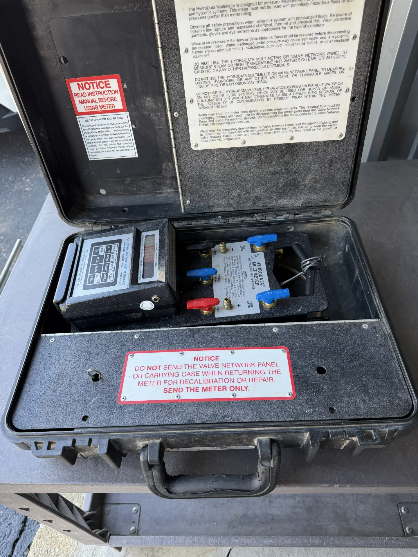 Shortridge HydroData meter and valve panel in its case