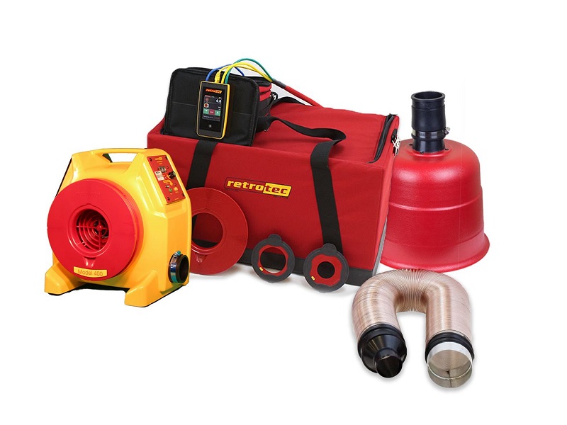 Retrotec duct tester kit with fan, rings, gauge, case and flex duct