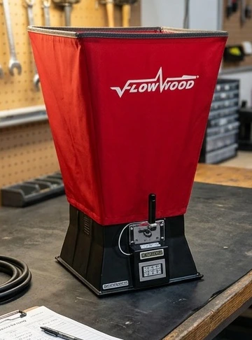 Red Shortridge flow hood on a workshop bench